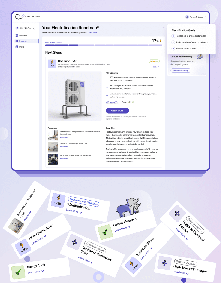 An informed homeowner is a well-prepared homeowner. Here, they can track their in-progress and completed steps, explore optional upgrades, and assess project complexity. Additionally, they can access valuable resources to aid their decision-making on the next electrification steps they wish to pursue.